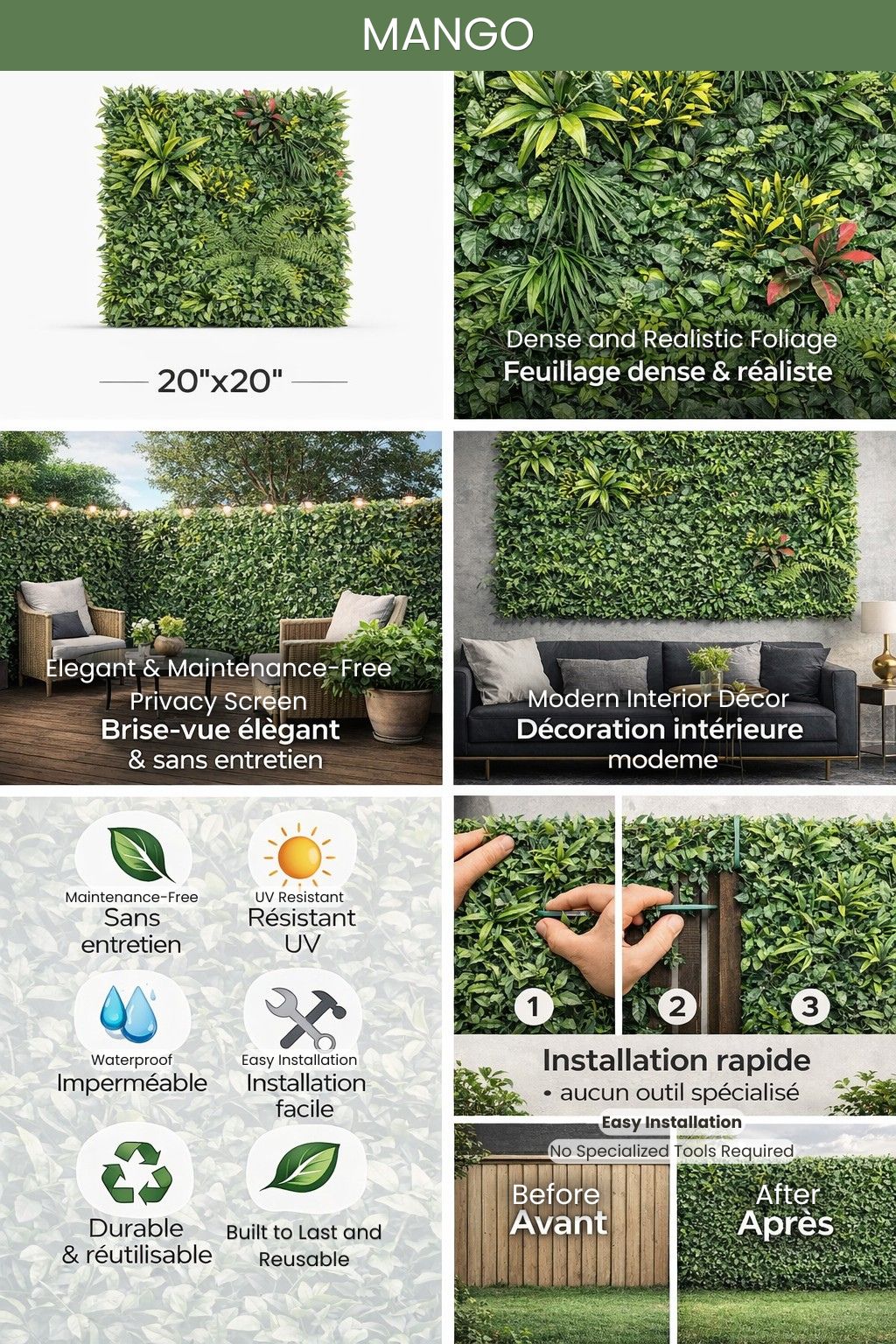 Decorative floral/plant panels - Artificial foliage 20''X 20''