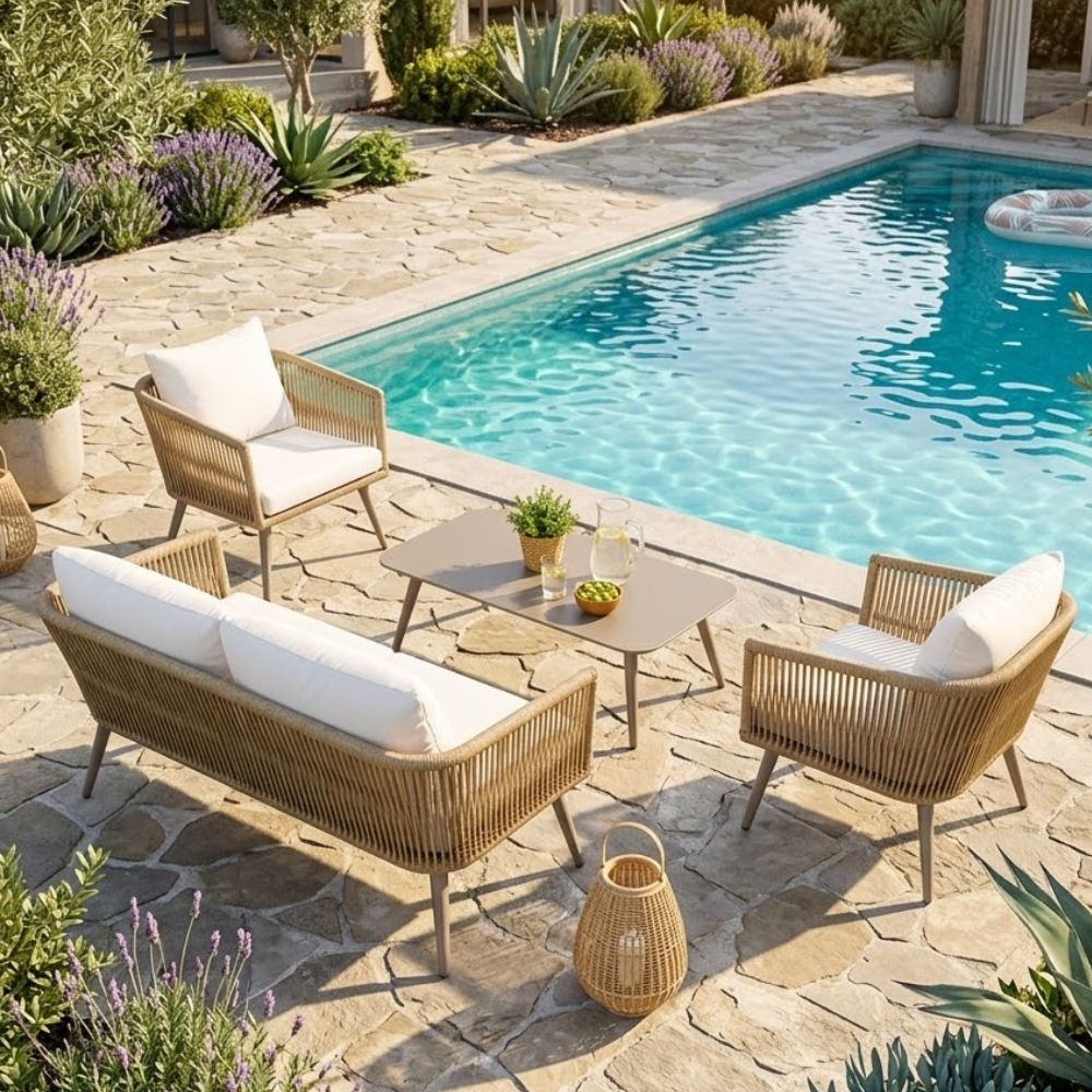 4-piece Garden Furniture Set - Modern Style with Beige Cushions